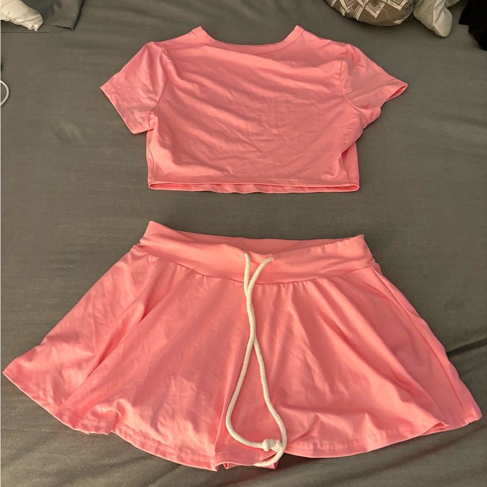 SHEIN pink crop top and skirt set